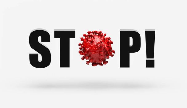 Ilustración 3D de STOP Omicron COVID Coronavirus, virus MERS, 2019-ncov Concepto de síndrome respiratorio en fondo blanco - Foto, imagen
