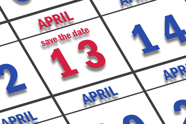 13 de abril. Día 13 del mes, Fecha marcada Guardar la fecha en un calendario. mes de primavera, concepto del día del año. - Foto, imagen