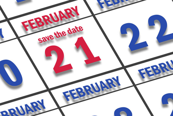 21 februari. Dag 20 van de maand, Datum gemarkeerd Save the Date op een kalender. wintermaand, dag van het jaar concept. - Foto, afbeelding