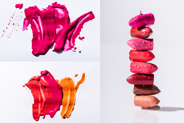 collage of red, orange and pink abstract brushstrokes and lipsticks on white background - Photo, Image