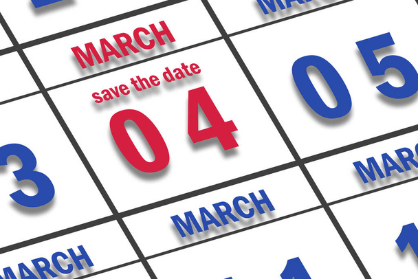 4 de marzo. Día 4 del mes, Fecha marcada Guardar la fecha en un calendario. mes de primavera, concepto del día del año. - Foto, Imagen