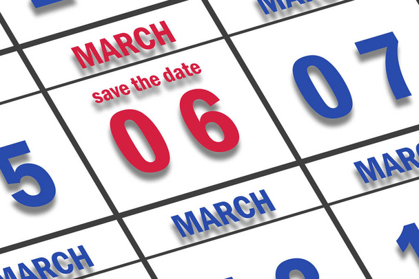 6 de marzo. Día 6 del mes, Fecha marcada Guardar la fecha en un calendario. mes de primavera, concepto del día del año. - Foto, imagen
