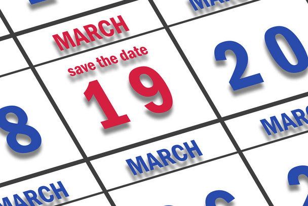 19 de marzo. Día 19 del mes, Fecha marcada Guardar la fecha en un calendario. mes de primavera, concepto del día del año. - Foto, imagen