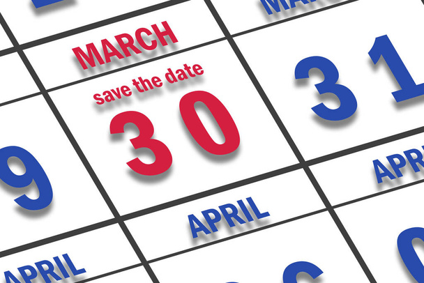 30 de marzo. Día 30 del mes, Fecha marcada Guardar la fecha en un calendario. mes de primavera, concepto del día del año. - Foto, Imagen