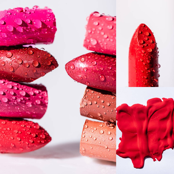 close up view of wet colorful lipsticks on white background, collage - Foto, imagen