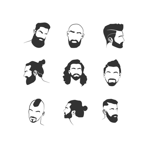 Saçlı ve sakallı stilize erkek yüzleri. Logo için vektör simgeleri, berber dükkanı. Erkek saç stili, sakal ve bıyık stili. Beyaz arka planda izole edilmiş. EPS 10 - Vektör, Görsel