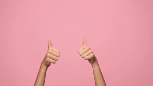 vrouw handen maken duimen omhoog gebaar, houden vuisten in de lucht en vieren, klappen op roze achtergrond - Video