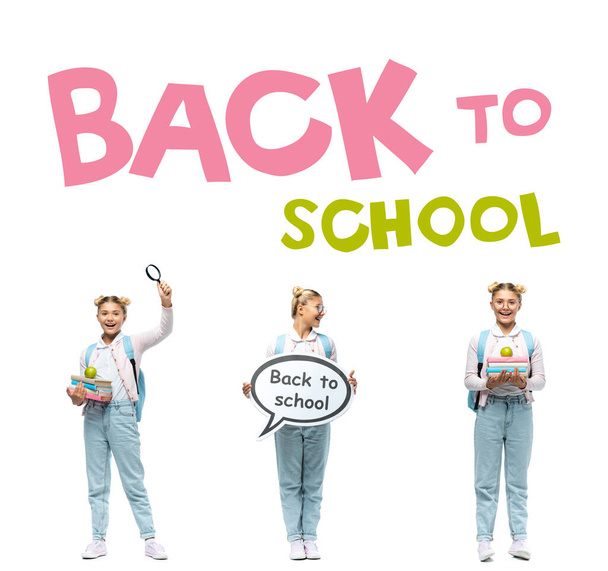 Collage of schoolgirl holding speech bubble with lettering, books and loupe near back to school illustration on white  - Photo, image