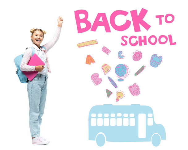 Schoolgirl with laptop and backpack showing yeah gesture near back to school lettering and school bus illustration on white  - Photo, Image