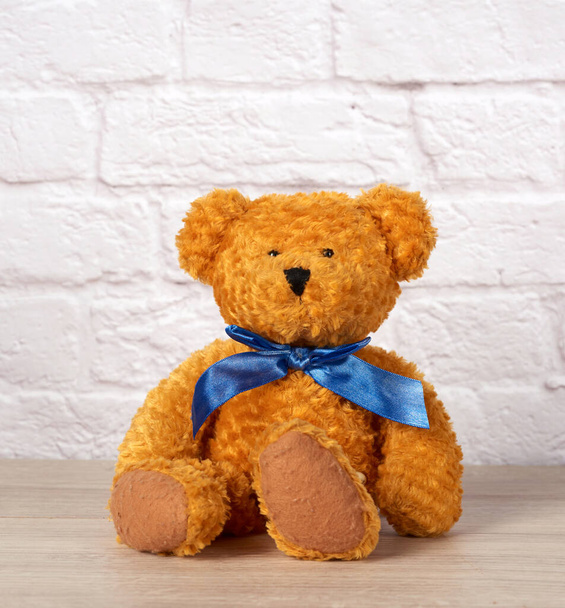 Brauner Teddybär sitzt auf weißem Hintergrund, Kinderspielzeug, Nahaufnahme - Foto, Bild