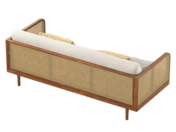 Mid-century wooden sofa with blanket and pillows. Sofa with woven cane armrest and back on white background. Mid-century, Loft, Scandinavian interior. 3d render - Photo, Image
