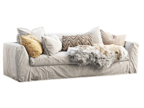 Скандинавська тримісна тканинна дивана з хез-лаунж. Фрагментарна оббивка дивана подушками і шкірками на білому тлі. У середині століття, Chalet, скандинавський, чеський інтер'єр. 3d рендеринг - Фото, зображення