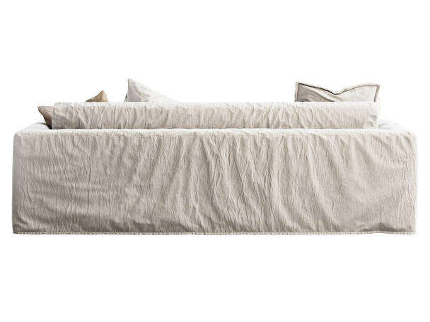 Трехместный диван с шезлонгами. Ткань обивки диван с подушками и шкуры на белом фоне. Мид-век, Шале, Скандинавия, фемианский интерьер. 3D рендеринг - Фото, изображение