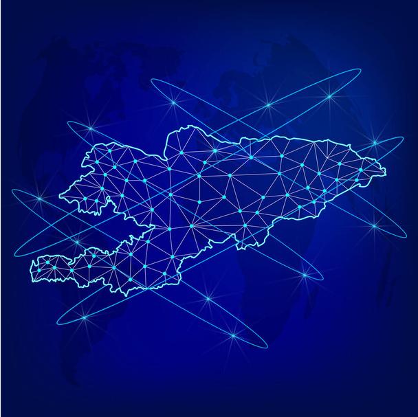 Koncept globální logistické sítě. Mapa komunikační sítě Kyrgyzstánu na světovém pozadí. Mapa Kyrgyzstánu s uzly v polygonálním stylu. EPS10.  - Vektor, obrázek