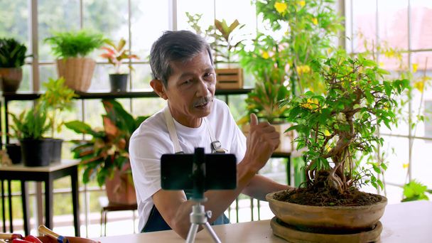 Hombre jardinero senior vendiendo hermosas plantas en las redes sociales transmitiendo en vivo desde su tienda. - Foto, Imagen