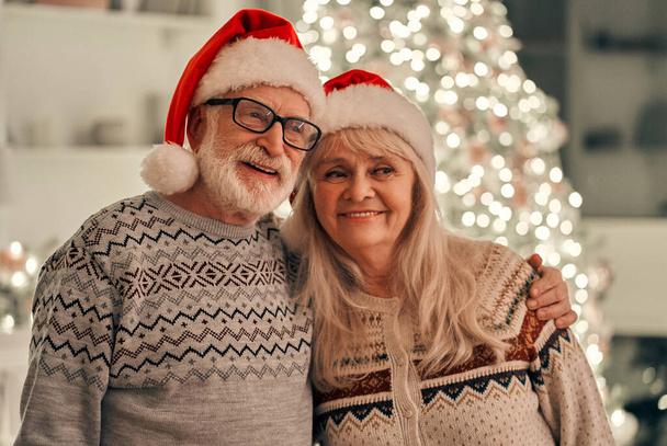 The happy old couple in a red hat standing near the christmas tree - Фото, зображення