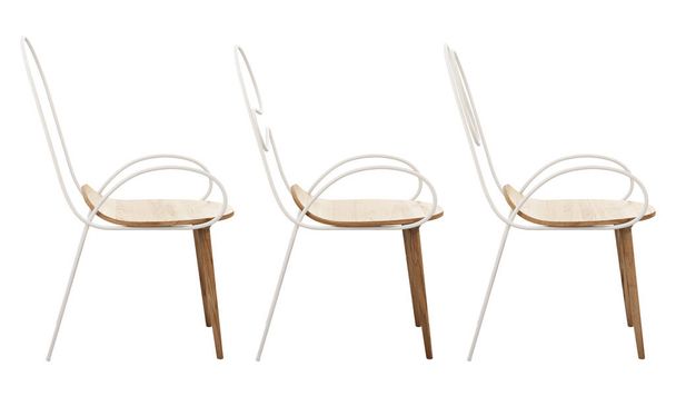 Modern fa szék fehér fém háttámlával és ülés fehér háttérrel. Kortárs szék fa lábakkal. Század közepe, Loft, skandináv, modern belső tér. 3d renderelés - Fotó, kép