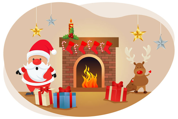 Santa and reindeer with christmas gift illustration. - Wektor, obraz