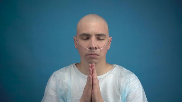 Łysy młody człowiek z onkologią patrzy w kamerę i modli się na niebieskim tle. Pacjent złożył ręce i modlił się. Utrata włosów w wyniku chemioterapii. - Zdjęcie, obraz
