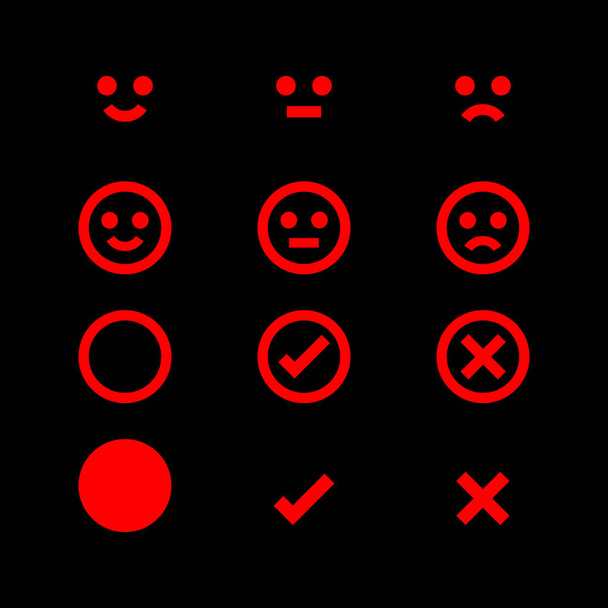 ícone brilhante vermelho e emoções rosto, símbolo emocional e sinal de verificação aprovação, emoções fluorescentes rostos e marca de verificação x ou confirmar e negar, botão brilhante plana para aplicativos, ícones vermelhos para marca de seleção - Vetor, Imagem
