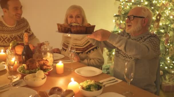 La famiglia che cena sullo sfondo dell'albero di Natale - Filmati, video