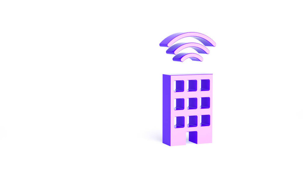 Lila Smart Home mit drahtlosem Symbol auf weißem Hintergrund. Fernbedienung. Konzept Internet der Dinge mit drahtloser Verbindung. Minimalismus-Konzept. 3D Illustration 3D Renderer. - Foto, Bild