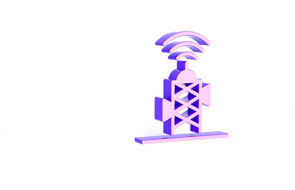 白の背景に分離された紫の無線アンテナアイコン。技術とネットワーク信号無線アンテナ。最小限の概念。3Dイラスト3Dレンダリング. - 写真・画像