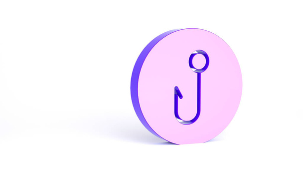 Purple Fishing hook icon isolated on white background. Fishing tackle. Minimalism concept. 3d illustration 3D render. - Photo, Image