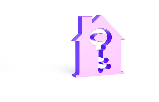 Фиолетовый дом с ключевым значком на белом фоне. Концепция дома "под ключ". Концепция минимализма. 3D-рендеринг. - Фото, изображение