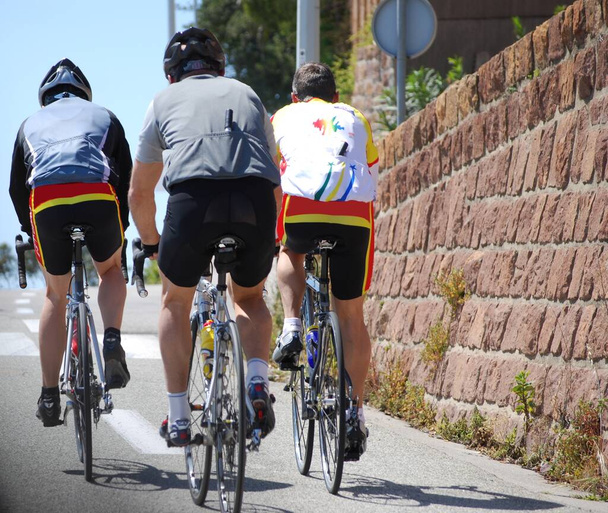 Велогонщики в полном напряжении фотографируются сзади. - Фото, изображение