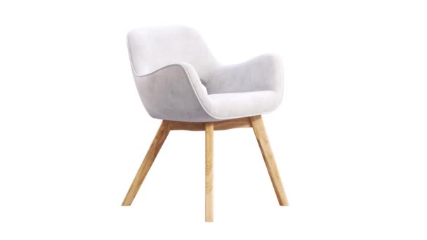 Animazione circolare di sedia in tessuto bianco con gambe in legno su sfondo bianco. Sedia moderna in legno della metà del secolo scorso. Rendering giradischi 3d - Filmati, video