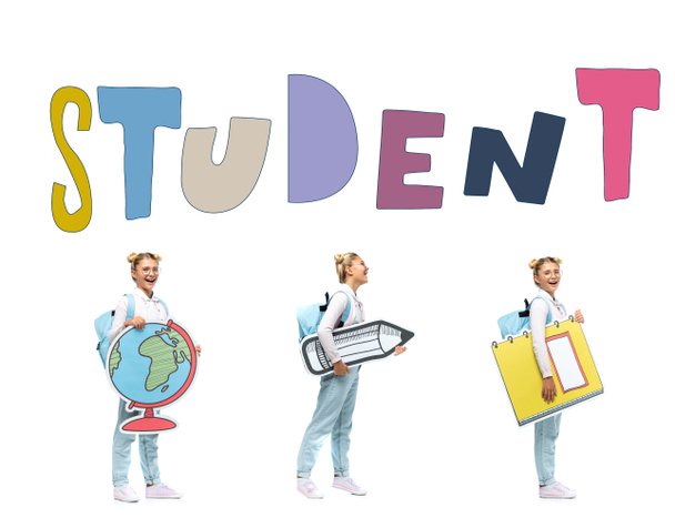 Colagem de estudante segurando globo de papel, lápis e caderno perto de letras de estudante no fundo branco - Foto, Imagem