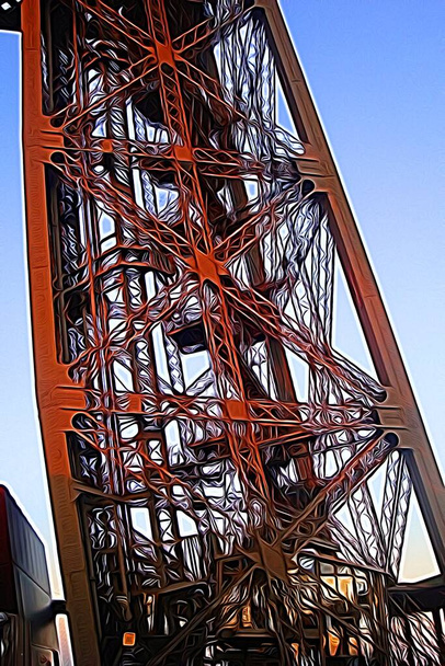 Digitaalinen väri maalaus tyyli, joka edustaa yksityiskohtia metallirakenne Eiffel-torni syksyllä iltapäivällä - Valokuva, kuva