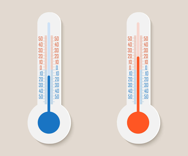 Termometreler Celsius ve Fahrenheit 'ı ölçüyor. Termometre termometresi sıcak ya da soğuk hava gösteriyor. Vektör illüstrasyonu - Vektör, Görsel