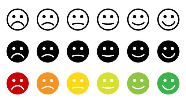 Emocje. Informacja zwrotna. Skala ratingowa z uśmiechem reprezentującym różne emocje. Emoticon inny nastrój. Ocena obsługi. Ikona Emoji pozytywna, neutralna i negatywna. Ilustracja wektora - Wektor, obraz