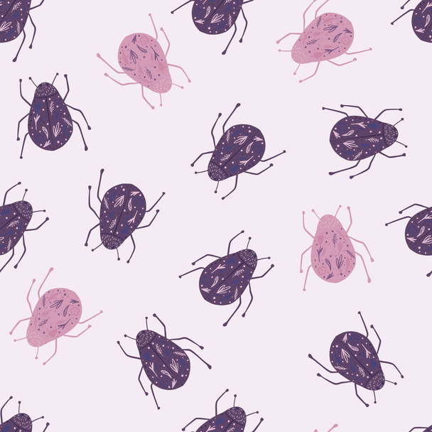 Случайный бесшовный рисунок с силуэтами жуков-каракулей. Фиолетовый и розовый цвета насекомых орнамент на белом фоне. Перфект для обоев, текстиля, оберточной бумаги, печати. Векторная иллюстрация. - Вектор,изображение
