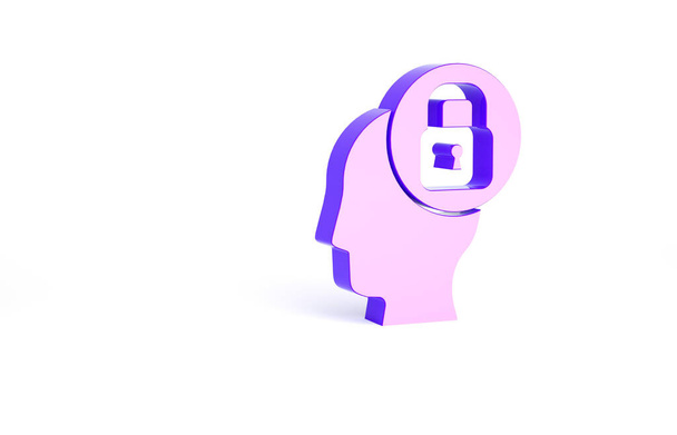 Cabeza humana púrpura con icono de bloqueo aislado sobre fondo blanco. Concepto minimalista. 3D ilustración 3D render. - Foto, imagen