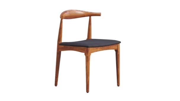 Circular animation of black leather wooden chair with brown wooden legs on white background. Mid-century modern wooden frame chair. Turntable 3d render - Footage, Video