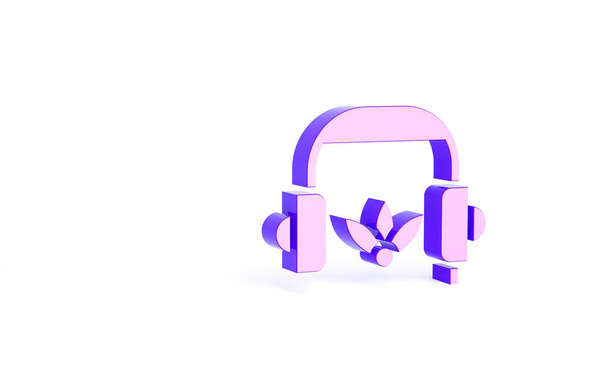 白の背景に隔離された瞑想アイコンのための紫色のヘッドフォン。最小限の概念。3Dイラスト3Dレンダリング. - 写真・画像