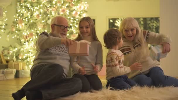 De grootouders geven geschenken aan hun kleinkinderen. - Video