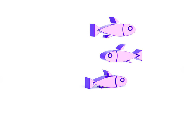 Фиолетовый значок рыбы выделен на белом фоне. Концепция минимализма. 3D-рендеринг. - Фото, изображение