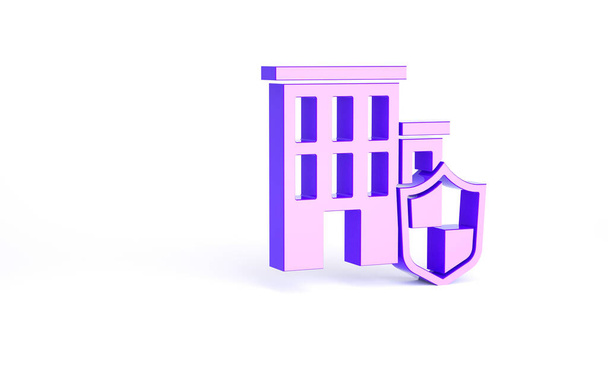 Фіолетовий будинок з щитовим іконом, ізольованим на білому тлі. Концепція страхування. Безпека, безпека, захист, захист. Концепція мінімалізму. 3D-рендеринг. - Фото, зображення