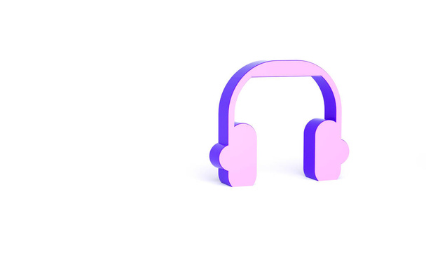 紫色のヘッドフォンアイコンは白い背景に隔離されています。イヤフォン。音楽、サービス、コミュニケーション、オペレーターの話を聞くためのコンセプト。最小限の概念。3Dイラスト3Dレンダリング. - 写真・画像