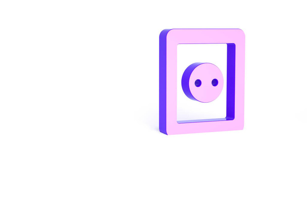 白の背景に分離された紫の電気コンセントアイコン。電源ソケット。ロゼットのシンボル。最小限の概念。3Dイラスト3Dレンダリング. - 写真・画像