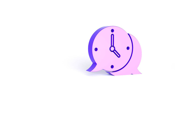 Purpurowy zegar z ikoną bańki mowy izolowane na białym tle. Znak czasu. Zegarek biurowy lub symbol zegara. Koncepcja minimalizmu. Ilustracja 3D 3D renderowania. - Zdjęcie, obraz