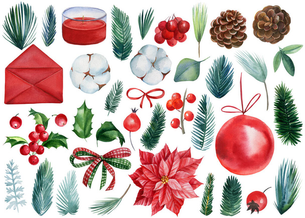 Χριστουγεννιάτικο σετ, Χριστουγεννιάτικη μπάλα, κουκουνάρι, βαμβάκι, μούρα σε απομονωμένο λευκό φόντο, ακουαρέλες - Φωτογραφία, εικόνα