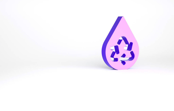Purple Recycle clean aqua icon isoliert auf weißem Hintergrund. Wassertropfen mit Zeichenrecycling. Minimalismus-Konzept. 3D Illustration 3D Renderer. - Foto, Bild