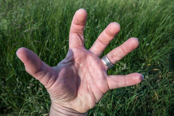 Ένα χέρι με ασημένιο δαχτυλίδι μπροστά από το λιβάδι - Φωτογραφία, εικόνα