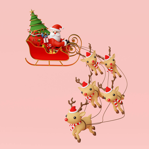 Escena de Santa Claus en un trineo lleno de regalos de Navidad y tirado por renos, 3d renderizado - Foto, imagen