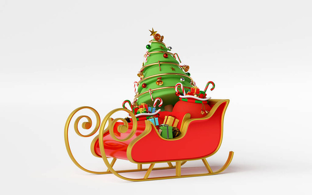 Сцена саней, полных рождественских подарков и елки, 3D рендеринг - Фото, изображение